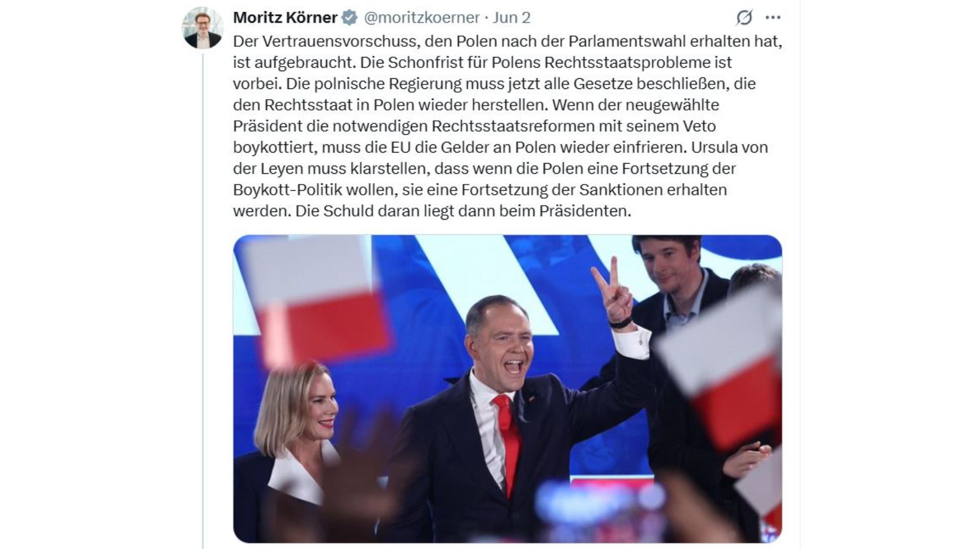 Jeśli nowo wybrany prezydent zbojkotuje konieczne reformy praworządności swoim wetem, Unia Europejska będzie musiała ponownie zamrozić fundusze dla Polski - grozi Niemiec