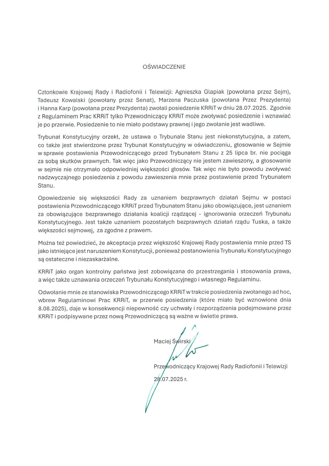 Oświadczenie KRRiTV