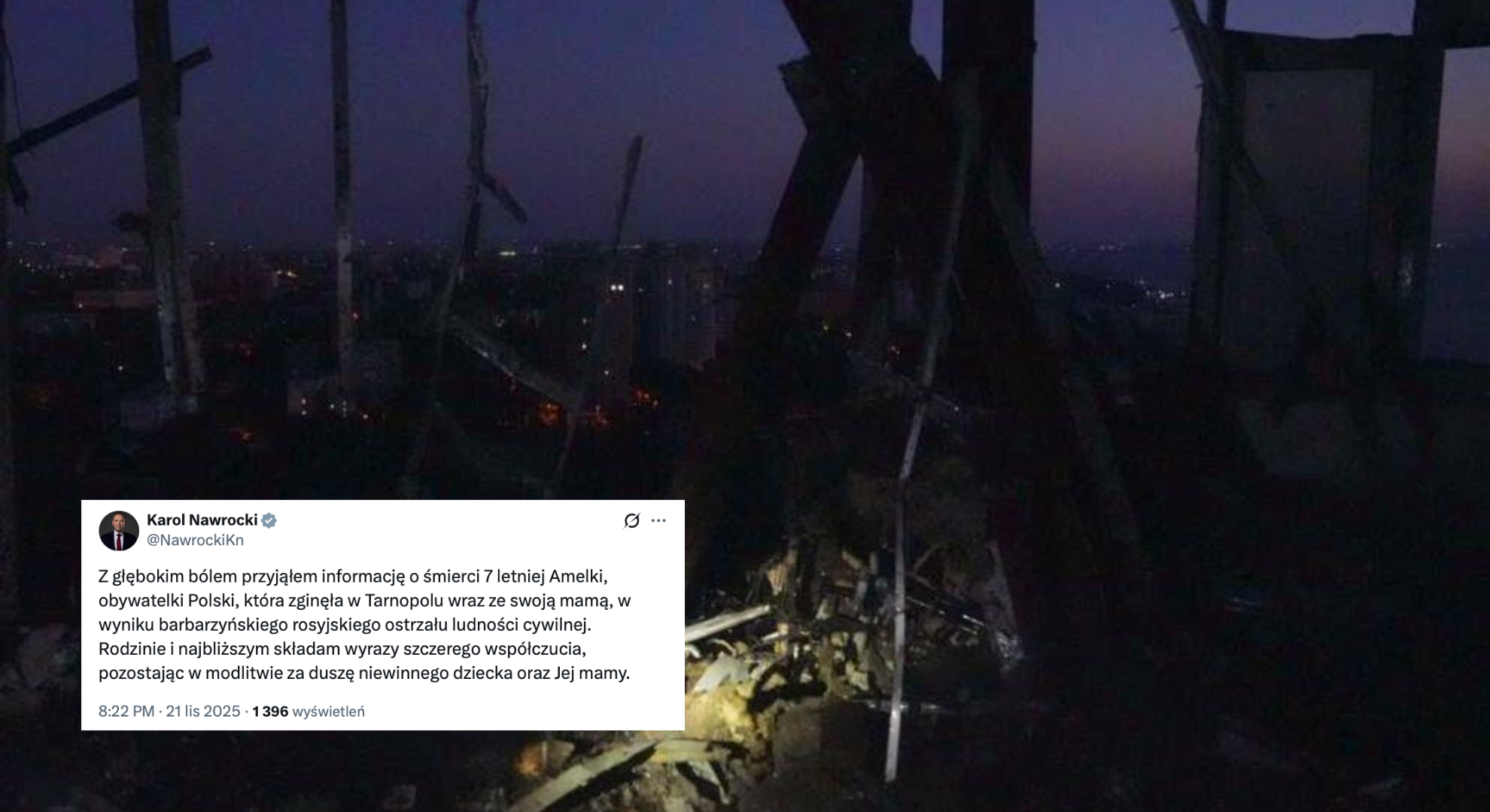 Karol Nawrocki reaguje na śmierć 7-letniej Amelki: &quot;Barbarzyński rosyjski ostrzał&quot;