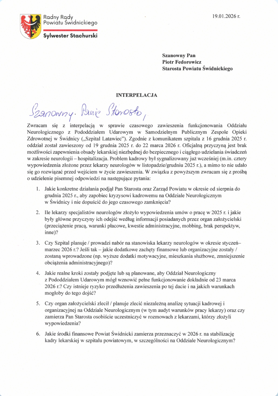 Interpelacja ws. sytuacji w szpitalu "Latawiec"