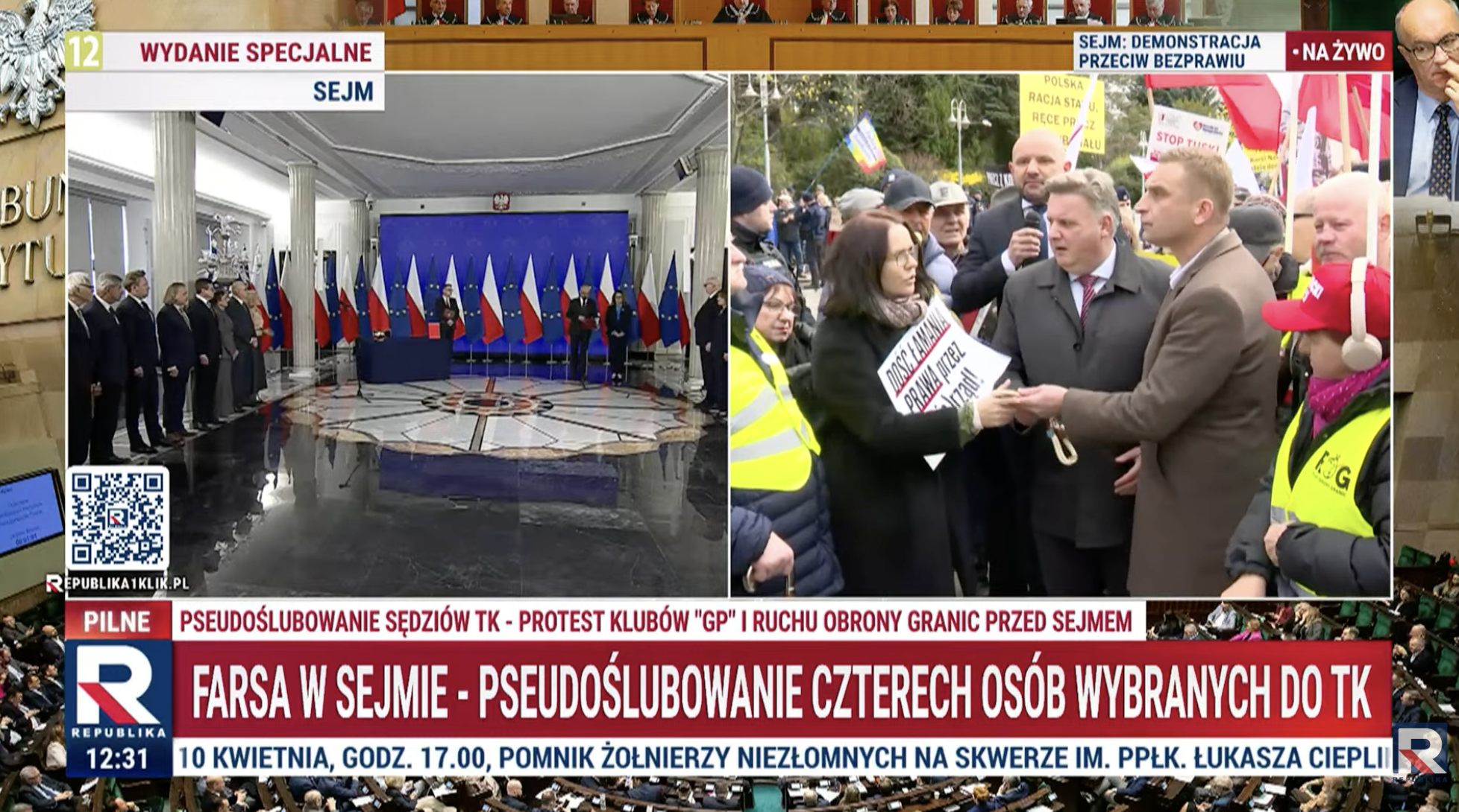 Skandal w Sejmie. Trwa pseudoślubowanie do TK, przed budynkiem protestują Polacy