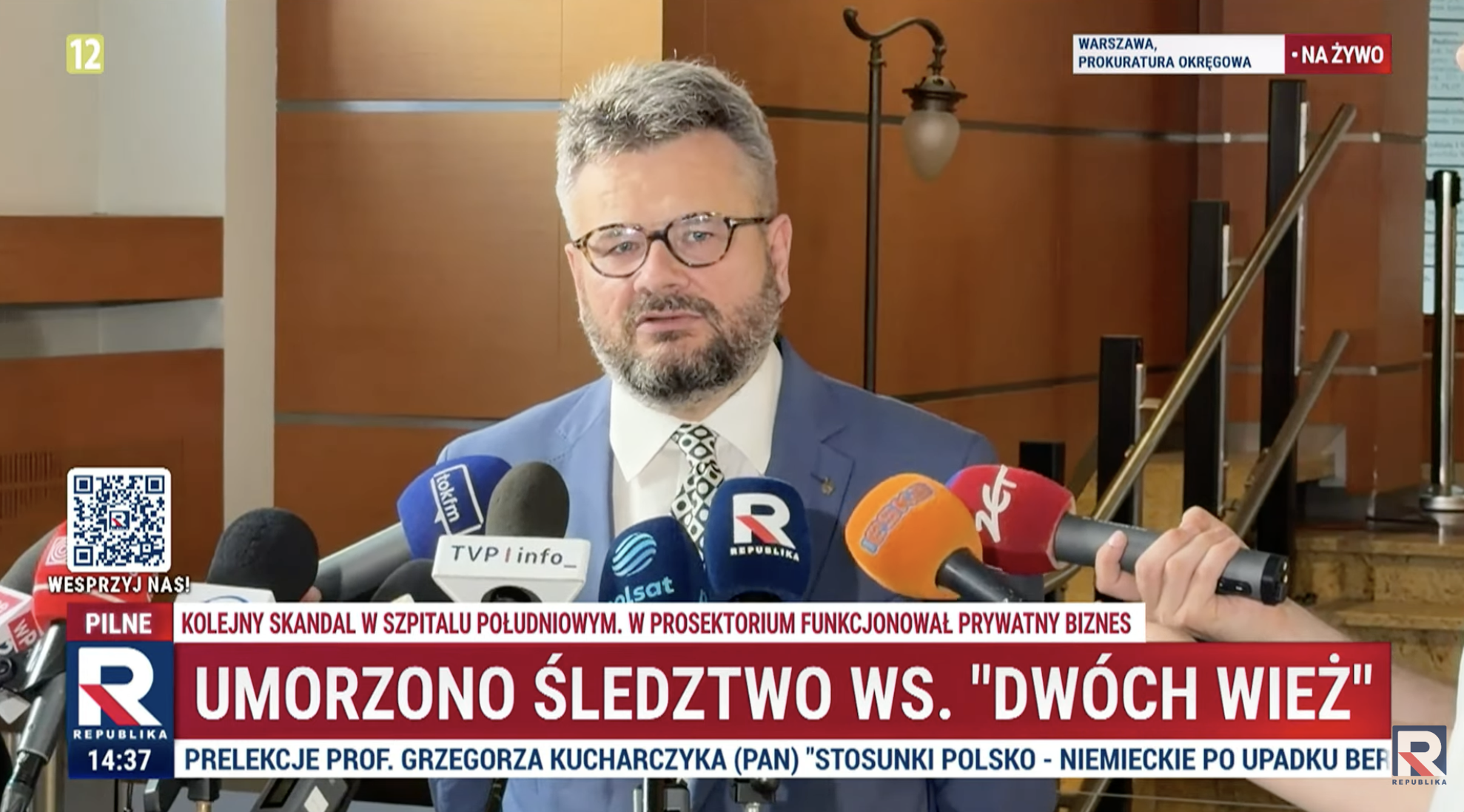 Rzecznik prasowy Prokuratury Okręgowej w Warszawie prokurator Piotr Skiba podczas briefingu w siedzibie prokuratury w Warszawie