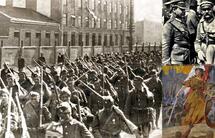 Piechota polska w marszu na front przed bitwą warszawską. Józef Piłsudski i Józef Haller, w czasie przeglądu wojsk powracających ze zwycięskiej operacji. Alegoria zwycięstwa w 1920 roku; Warszawo naprzód, obraz Zdzisława Jasińskiego