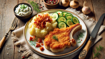 schabowy, mizeria, ogórki, ziemniaki