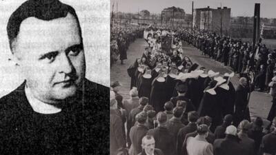 Ksiądz Stanisław Streich został zabity przez komunistę. Z prawej: kondukt pogrzebowy kapłana męczennika