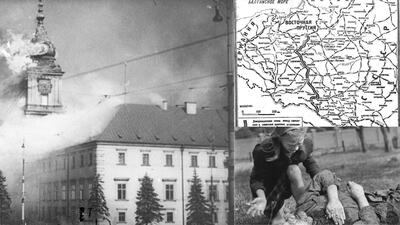 Płonący Zamek Królewski w Warszawie po ostrzale przez artylerię niemiecką, 17 września 1939; Mapa podziału Polski (rozgraniczenie według paktu Ribbentrop-Mołotow) opublikowana w dzienniku „Izwiestia”, 18.09.1939; Dziewczynka (Kazimiera Kostewicz) przy swojej siostrze Annie zabitej przez lotników Luftwaffe ostrzeliwujących ludność cywilną 14 września 1939 w pobliżu Cmentarza Powązkowskiego w Warszawie