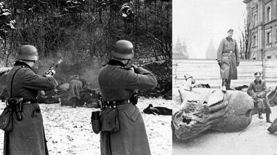 Prezydent Nawrocki o tym przypomina. Niemcy mordowali Polaków, także cywili, od początku wojny. Na zdjęciu: zbrodnia w Bochni w dniu 18 XII 1939. Okupanci niemieccy niszczyli także obiekty kultury, m .in. te świadczące o historii Polski - zniszczenie Pomnika Grunwaldzkiego w Krakowie w listopadzie 1939