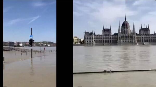 Woda Dunaju blisko budynku parlamentu w Budapeszcie