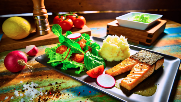 łosoś, talerz, gotowanie, ziemniaki, puree, sałatka, kuchnia