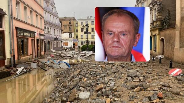 Powódź (x.com); Donald Tusk (Getty Images)