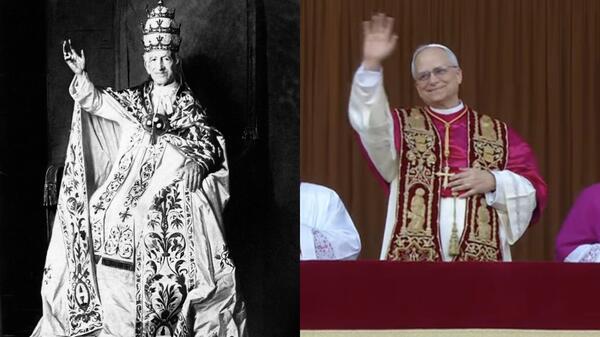 Z lewej: zdjęcie koronacyjne Leona XIII (1878), z prawej: Leon XIV
