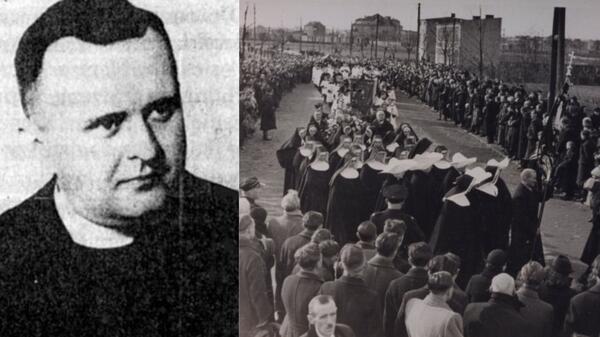Ksiądz Stanisław Streich został zabity przez komunistę. Z prawej: kondukt pogrzebowy kapłana męczennika