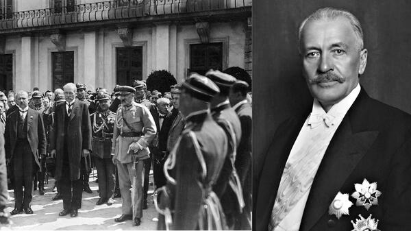 Fragment uroczystości zaprzysiężenia na Zamku Królewskim. Obok prezydenta stoją Józef Piłsudski i Kazimierz Bartel. Warszawa, 4 czerwca 1926