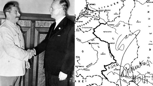 Spotkanie Józefa Stalina z Joachimem von Ribbentropem w Moskwie 23 sierpnia 1939 r. Mapa ostatecznego podziału Polski pomiędzy III Rzeszę a ZSRR z 28 września 1939 r. z wytyczoną granicą. Podpisy za zgodność: Stalin, Ribbentrop