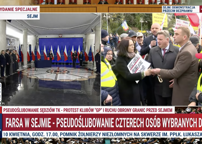 Skandal w Sejmie. Trwa pseudoślubowanie do TK, przed budynkiem protestują Polacy