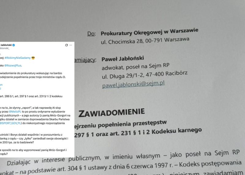 Paweł Jabłoński zawiadamia prokuraturę. Chodzi o raport Mróz-Gorgoń za niemal 200 tys. zł